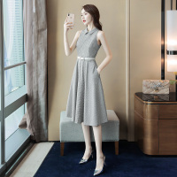丝柏舍2020夏装女气质翻领无袖格子中长款连衣裙（不含配件）S92R0598L