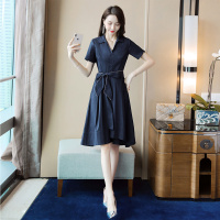 丝柏舍2020夏装女气质纯色翻领短袖收腰中长裙（不含配件）S92R0595L