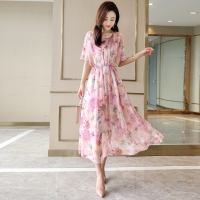 丝柏舍2020年夏装女装优雅收腰喇叭袖印花长款连衣裙（不含配件）S81R0717L