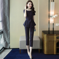 丝柏舍2020夏装女短袖条纹上衣搭七分裤套装（不含配件）S92B0180N