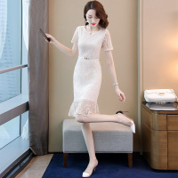 丝柏舍2020夏季女纯色短袖修身蕾丝仙女鱼尾连衣裙（不含配件）S92R0164L