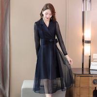 丝柏舍2020春季女时尚纯色长袖气质雪纺拼接连衣裙S01Q0041L