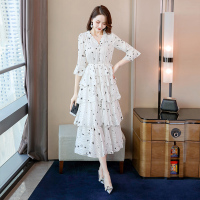 丝柏舍2020春装女时尚V领荷叶袖修身中长款连衣裙S01B0811L