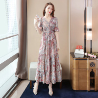 丝柏舍2020春夏女韩版碎花大摆修身印花长款连衣裙S01R1006L