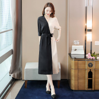 丝柏舍2020春装女时尚气质V领修身拼色中长款连衣裙S01B0772L