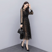 丝柏舍2020春夏女时尚长袖网纱拼接中长款连衣裙S01B0559L