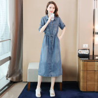 丝柏舍2020夏女时尚翻领短袖抽绳中长款牛仔连衣裙S01T0082L