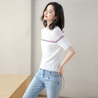 丝柏舍2020夏女士时尚短袖撞色简约薄款温柔风针织衫S02D0011Z