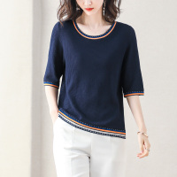 丝柏舍2020夏装女圆领宽松撞色套头短袖舒适针织衫S02U0024Z