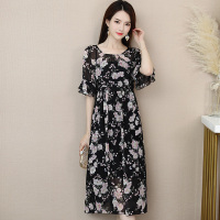 丝柏舍2020夏装圆领印花喇叭袖收腰长款气质连衣裙S82R0368L