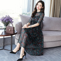 丝柏舍春装女2020韩版印花立领蕾丝拼接中长连衣裙S91R0081L