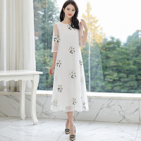 丝柏舍2020春季女装圆领绣花五分袖拼接长款连衣裙S81R0435L
