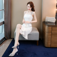 丝柏舍2020夏女性感字母印花吊带一字肩收腰连衣裙S92R0068L