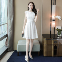 丝柏舍2020夏季女纯色简约无袖修身甜美蕾丝连衣裙S92R1885L