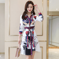 丝柏舍春装2020女气质V领长袖个性印花修身短款连衣裙S91B0464L