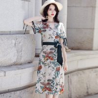 丝柏舍2020夏装女V领韩版系带收腰修身长款大摆连衣裙S82R0918L