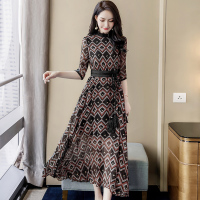 丝柏舍2020春复古修身五分袖长款印花连衣裙配腰绳S91R0922L