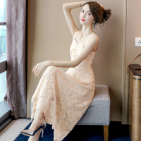 丝柏舍连衣裙2020夏女纯色蕾丝绑带收腰吊带中长裙S92R0467L