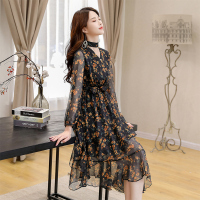 丝柏舍秋季女2020碎花气质收腰不规则中长款连衣裙S91R0939L