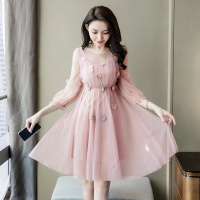 丝柏舍2020秋时尚简约纯色圆领七分袖短款连衣裙S91B0290L