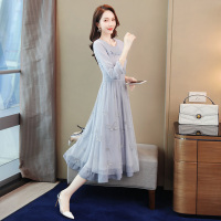 丝柏舍2020秋装纯色圆领七分袖收腰大摆中长款连衣裙S91R0923L