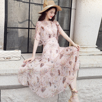丝柏舍夏装连衣裙2020女V领短袖收腰印花气质长款S82T0804L