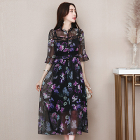 丝柏舍2020秋装女装韩版时尚印花喇叭袖长款连衣裙S82R0007L
