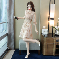 丝柏舍2020秋装女装V领松紧收腰刺绣淑女雪纺连衣裙S91B1173L