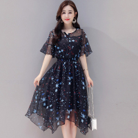 丝柏舍2020夏季女喇叭袖印花收腰修身中长款连衣裙S82R2172L