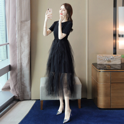 丝柏舍2020夏女纯色短袖修身网纱拼接中长款连衣裙S92T1973L