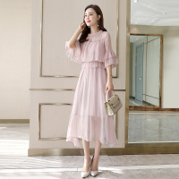 丝柏舍2020女圆领甜美气质荷叶袖中长款连衣裙S91R0228L