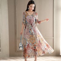 丝柏舍2020秋潮连衣裙V领收腰印花荷叶袖长裙S82R0055L