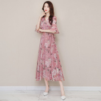 丝柏舍夏2020女韩版V领喇叭袖大摆印花中长款连衣裙S91R0389L