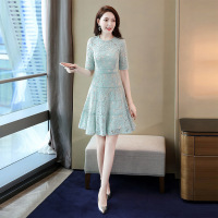丝柏舍2020夏女小清新纯色简约蕾丝短袖修身连衣裙S92R1976L