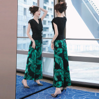 丝柏舍2020夏纯色V领短袖上衣搭收腰阔腿裤时尚套装S92B0171N