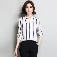丝柏舍2020秋女时尚简约宽条纹长袖修身气质衬衫S91E0007C