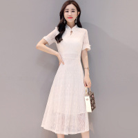 丝柏舍2020夏女气质优雅修身短袖立领大摆长款连衣裙S82R1809L
