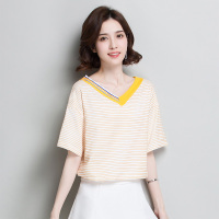 丝柏舍2020秋装女V领韩版条纹宽松显瘦套头短袖T恤S92D0005T