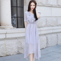 丝柏舍2020女花边V领短袖素雅印花中长款时尚连衣裙S82R1110L