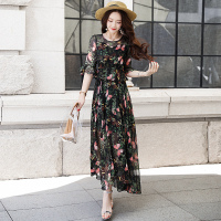 丝柏舍2020秋装女装时尚印花圆领喇叭袖长款连衣裙S82R1481L