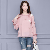 丝柏舍2020秋装女装圆领系带绣花喇叭长袖遮肉雪纺衫S91B1227S