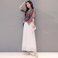 丝柏舍2020夏V领七分袖前短后长上衣搭阔腿长裤套装S82R1526N