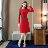 丝柏舍2020秋女时尚圆领长袖侧开叉中长款连衣裙S91R0905L