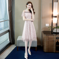 丝柏舍2020夏季露肩镂空收腰纯色优雅蕾丝连衣裙S92B0157L