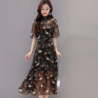 丝柏舍2020夏装女时尚韩版印花立领修身长款连衣裙S82R1650L
