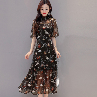 丝柏舍2020夏装女时尚韩版印花立领修身长款连衣裙S82R1650L