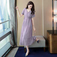 丝柏舍2020夏季女纯色短袖显瘦V领长裙简约连衣裙S92R0072L