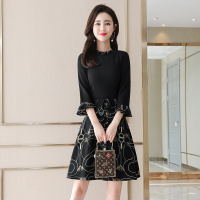 丝柏舍2020秋女花边圆领拼接收腰时尚中长款连衣裙S91R0715L