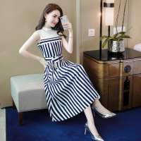 丝柏舍2020夏季女休闲时尚条纹立领腰带收腰连衣裙S92R0153L