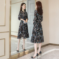 丝柏舍2020秋装女时尚雪纺收腰碎花显瘦中长款连衣裙S91R0866L
